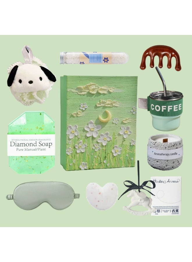 Elegant Green Daisy Aromatherapy Gift Box Set - Spring Rain Tea Scented Candle, Green Stainless Steel Mug, Pompompurin Bath Ball, Silk Eye Mask, Complete Luxury SPA Kit for Women, Perfect Ramadan & Eid Gifts, Relaxation Set with Massage Comb - Image 2