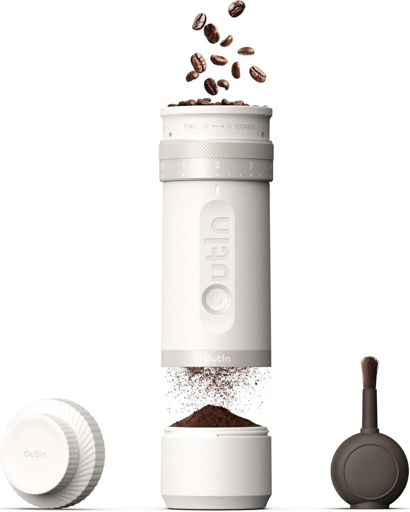 OutIn Fino Portable Electric Coffee Grinder,Adjustable Coffee Bean Grinder with 28 Precise Grind Setting,One-Button Burr Coffee Grinder with Fast‑Charge Battery, Auto‑Stop & Clog‑Protection,White - Image 1