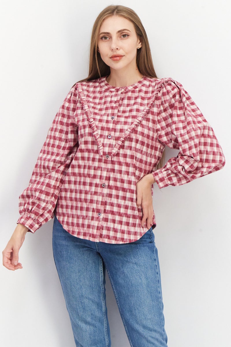 joie بلوزة نسائية بأكمام طويلة وياقة دائرية، مربعات، بورغندي - Image 1