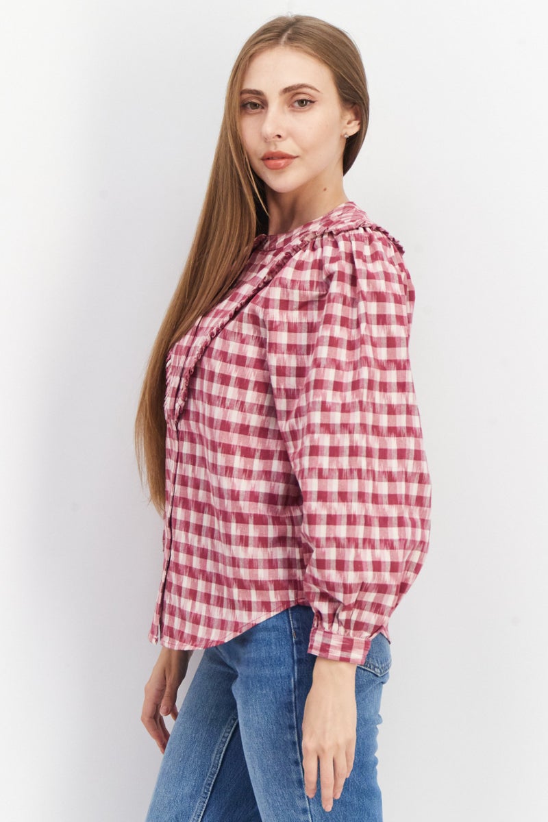 joie بلوزة نسائية بأكمام طويلة وياقة دائرية، مربعات، بورغندي - Image 4