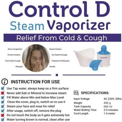Control D All-in-One Steamer for Cold and Cough - Inhaler Vaporizer, Facial Steamer for Face and Nose, Water Vaporizer for Kids and Adults, White - Image 3