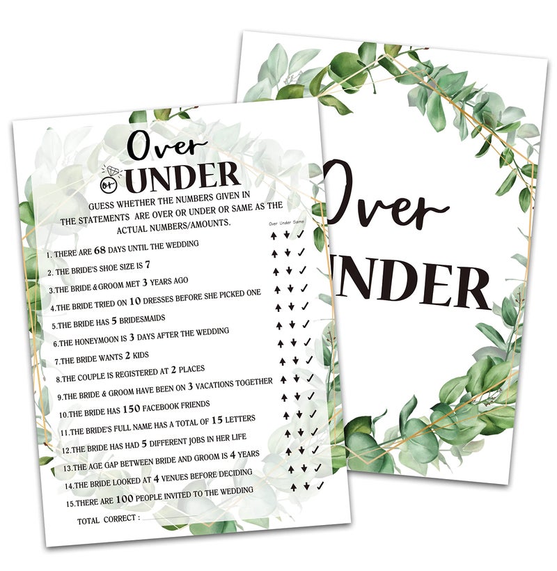 Huastatewolf Bridal Shower Game Over or Under Tropical Jungle Theme Engagement Party Set of 30 Cards Leaf009