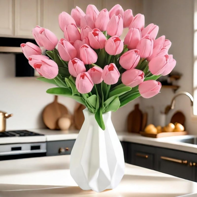شاين كو لايتينج SHINE-CO LIGHTING PU Real Touch زهور التوليب الاصطناعية 30 قطعة باقة زهور لتزيين المنزل والمكتب والزفاف (وردي) - Image 1