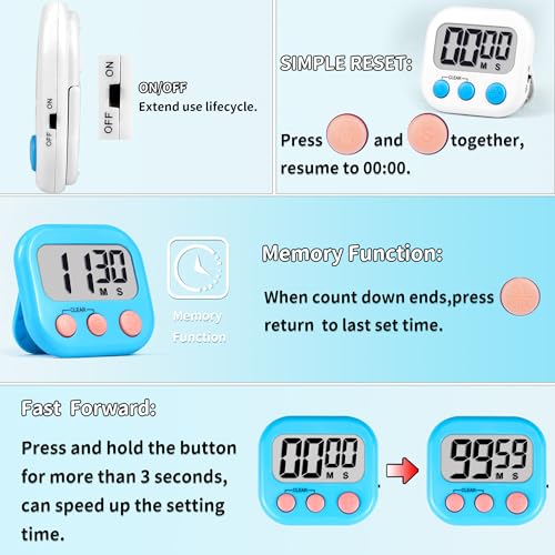AOUCE Timer for Kids Teachers Supplies Digital Kitchen Timers for Cooking Large Magnetic Classroom Timer 2Pack-White Blue - Image 4