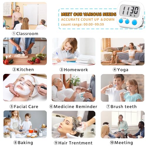 AOUCE Timer for Kids Teachers Supplies Digital Kitchen Timers for Cooking Large Magnetic Classroom Timer 2Pack-White Blue - Image 2