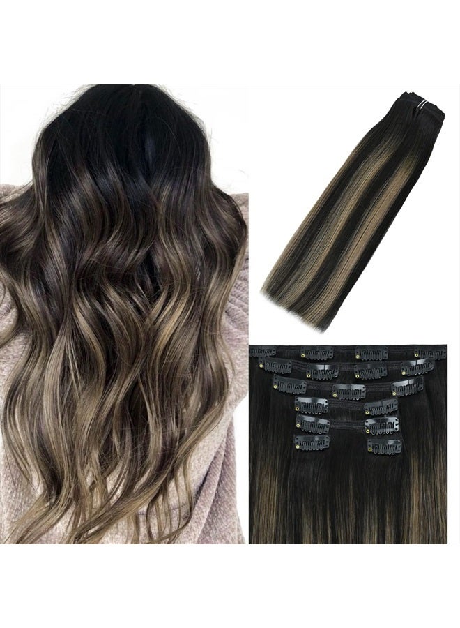 WindTouch Clip In Hair Extensions Human Hair Balayage Natural Black to Chestnut Brown Highlights (14Inch 7PCS) #1BT6P1B 120g Shedding Free - Image 1