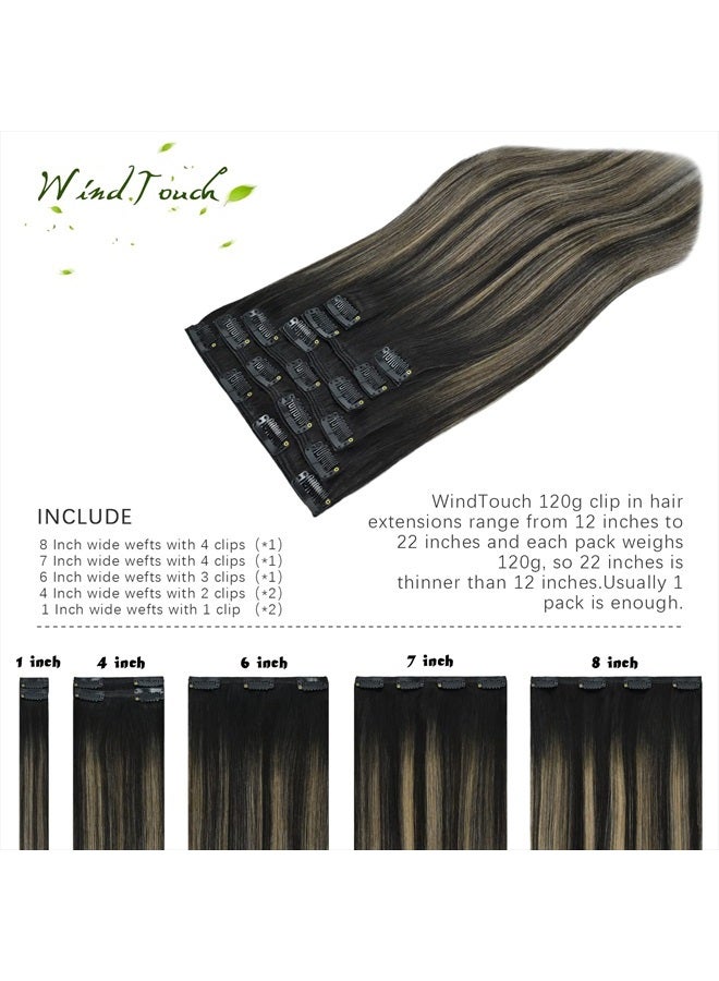 WindTouch Clip In Hair Extensions Human Hair Balayage Natural Black to Chestnut Brown Highlights (14Inch 7PCS) #1BT6P1B 120g Shedding Free - Image 3