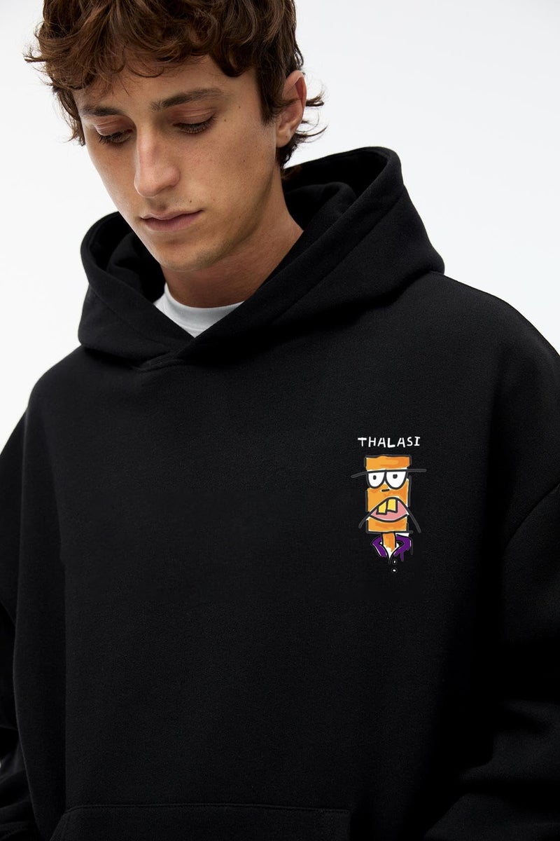 THALASI Black Graphic Back Printed Hooded Hudi for Mens - Thick Cotton Branded Stylish Winter Hoodies for Men | Hooded Black Korean Sweatshirts & Woolen Jumper for Man with Anime Hoodie - Image 2