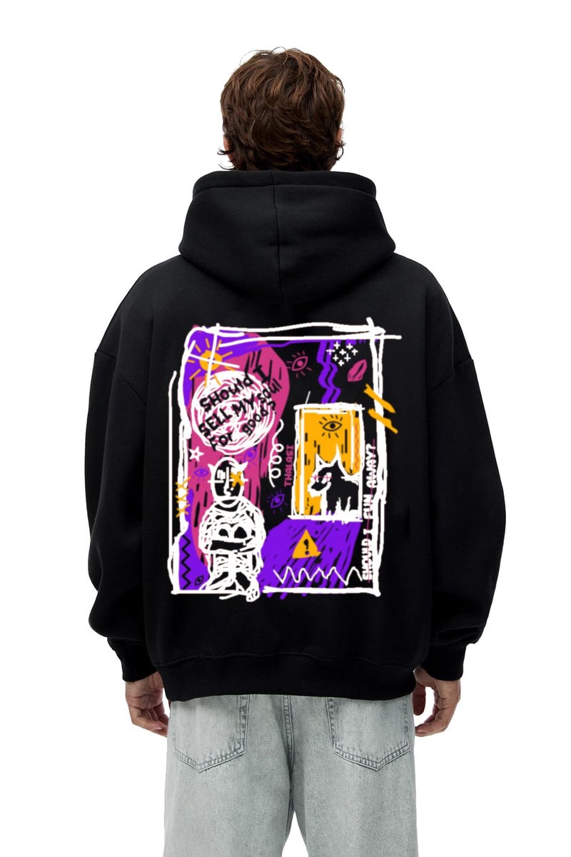 THALASI Black Graphic Back Printed Hooded Hudi for Mens - Thick Cotton Branded Stylish Winter Hoodies for Men | Hooded Black Korean Sweatshirts & Woolen Jumper for Man with Anime Hoodie - Image 1
