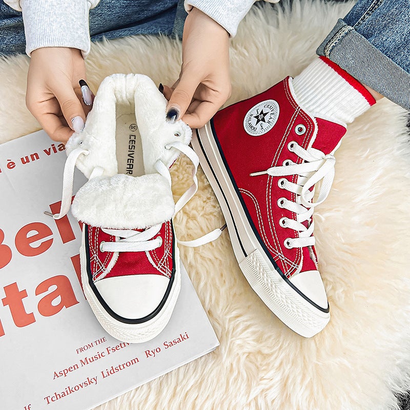 2022 Winter Velvet Canvas Shoes Warm Thickened Ladies Casual Cotton Sneakers Wine Red 