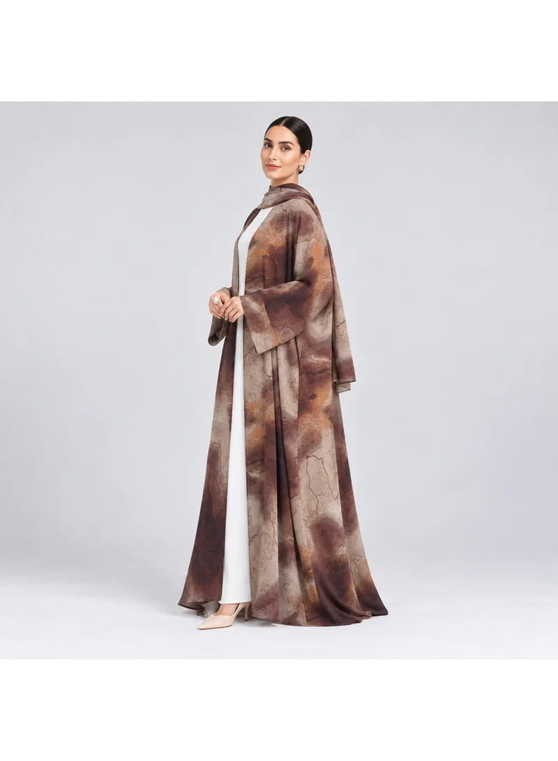Neuness 3-Piece Abaya Set, Printed CEY Fabric, Coffee Marble Pattern Open Abaya with Scarf & Inner Dress