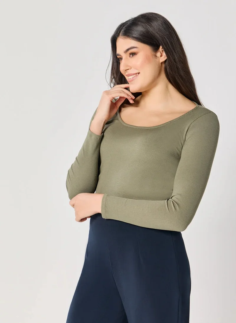 Zigzag Long Sleeve Khaki Green Rib Top