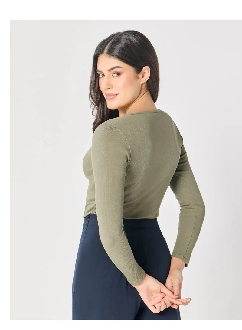 Zigzag Long Sleeve Khaki Green Rib Top