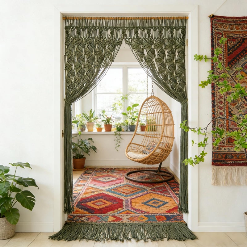 M MANUAL Green Leaf Tassels MacramÃ© Curtain Macrame Wall Hanging Boho Wedding Arch Chic Macrame Valance 33.5'' W x78.7''L Curtain Bohemian Decor Macrame Wedding Backdrop - Image 3