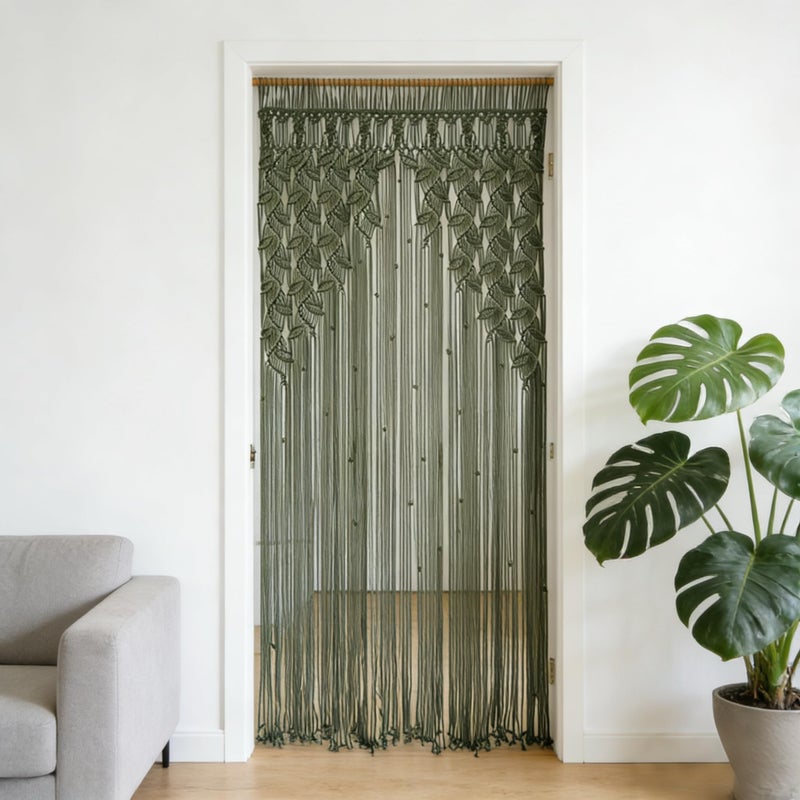 M MANUAL Green Leaf Tassels MacramÃ© Curtain Macrame Wall Hanging Boho Wedding Arch Chic Macrame Valance 33.5'' W x78.7''L Curtain Bohemian Decor Macrame Wedding Backdrop - Image 1