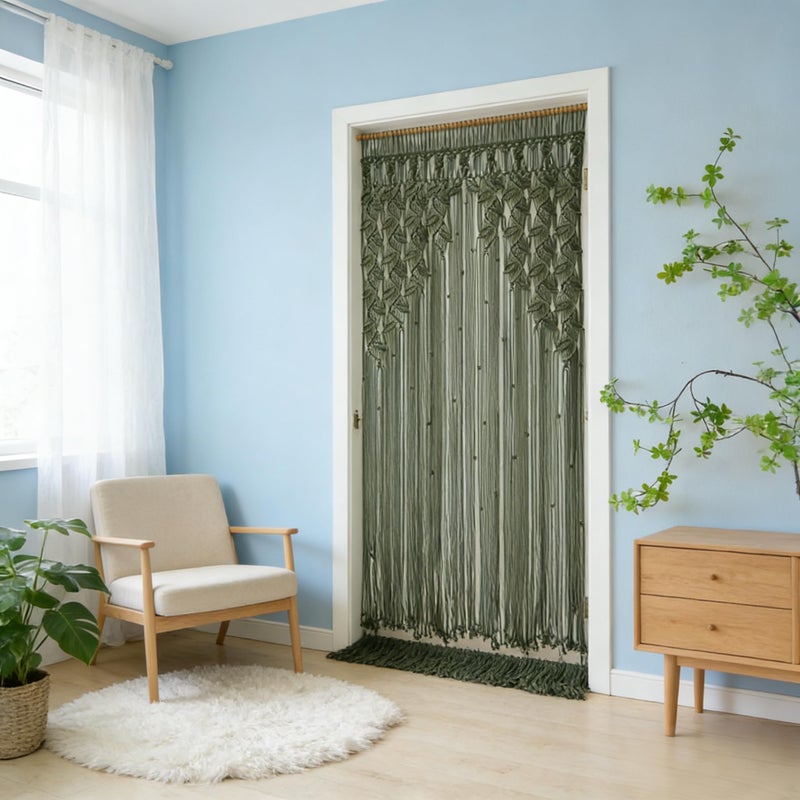 M MANUAL Green Leaf Tassels MacramÃ© Curtain Macrame Wall Hanging Boho Wedding Arch Chic Macrame Valance 33.5'' W x78.7''L Curtain Bohemian Decor Macrame Wedding Backdrop - Image 4