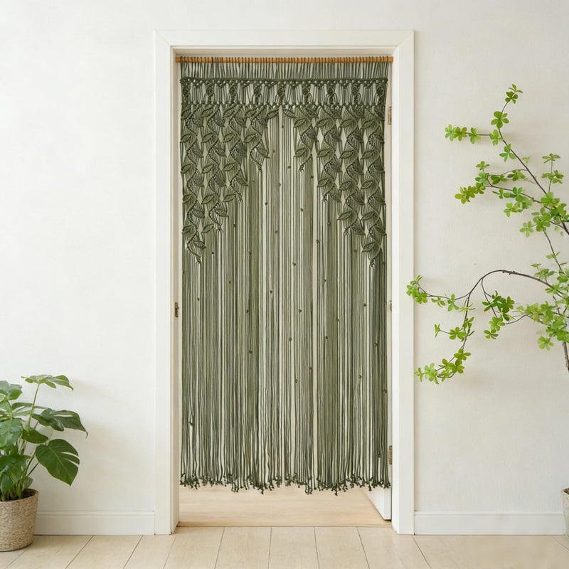 M MANUAL Green Leaf Tassels MacramÃ© Curtain Macrame Wall Hanging Boho Wedding Arch Chic Macrame Valance 33.5'' W x78.7''L Curtain Bohemian Decor Macrame Wedding Backdrop - Image 2