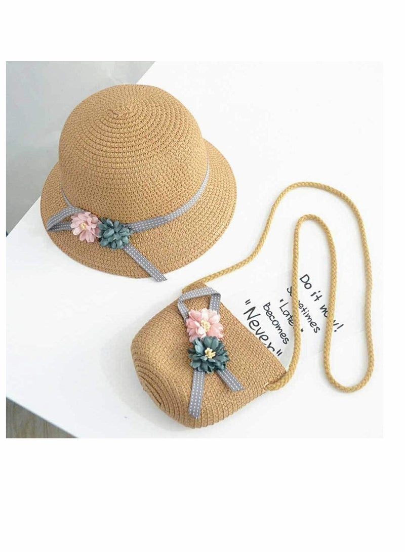 KASTWAVE Straw Hats Girls Kids Sun Hats Summer Beach Hats Straw Wide Brim Flower Sun Floppy Hats Beanie Cap with Woven Pocket for Outdoor Tea Party Gift, Khaki - Image 3
