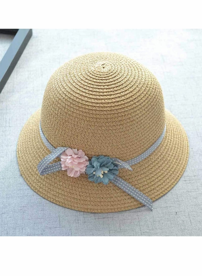 KASTWAVE Straw Hats Girls Kids Sun Hats Summer Beach Hats Straw Wide Brim Flower Sun Floppy Hats Beanie Cap with Woven Pocket for Outdoor Tea Party Gift, Khaki - Image 5