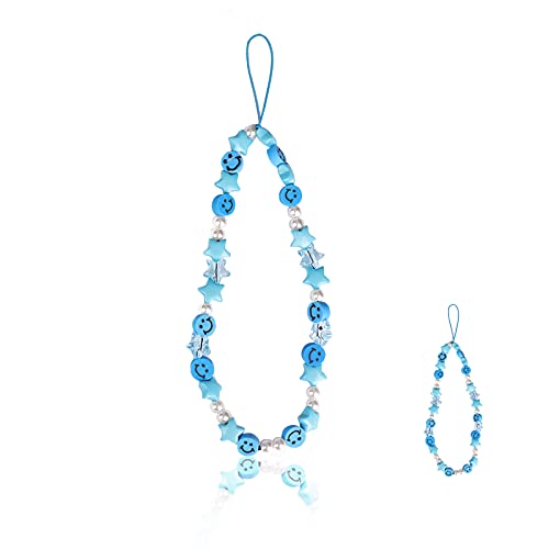 Cehim Phone Charm Lanyard, 1Pcs Smiley Face Beaded Phone Charm Strap Colorful Star Smiley Soft Ceramic Keychain for Women Girls (Blue) - Image 1