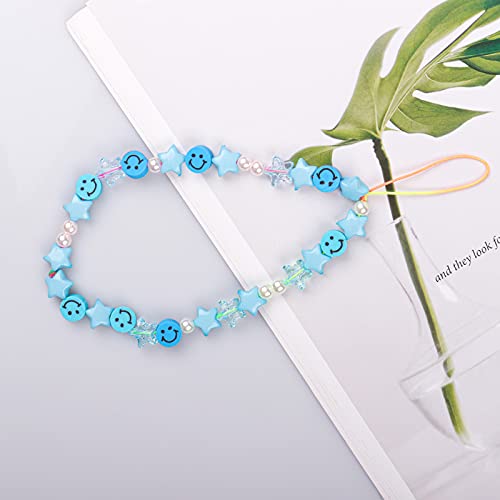 Cehim Phone Charm Lanyard, 1Pcs Smiley Face Beaded Phone Charm Strap Colorful Star Smiley Soft Ceramic Keychain for Women Girls (Blue) - Image 2