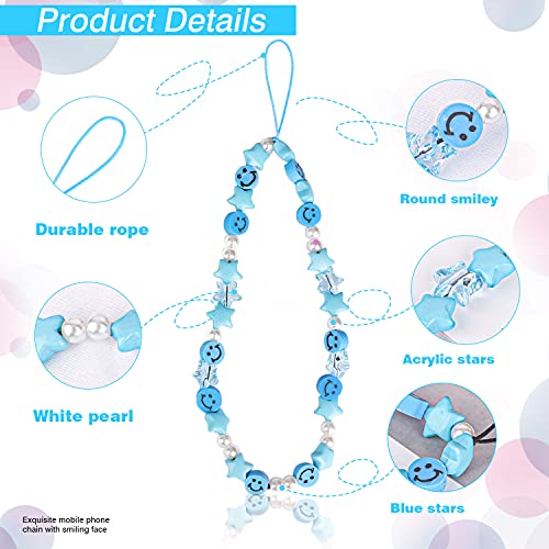 Cehim Phone Charm Lanyard, 1Pcs Smiley Face Beaded Phone Charm Strap Colorful Star Smiley Soft Ceramic Keychain for Women Girls (Blue) - Image 4