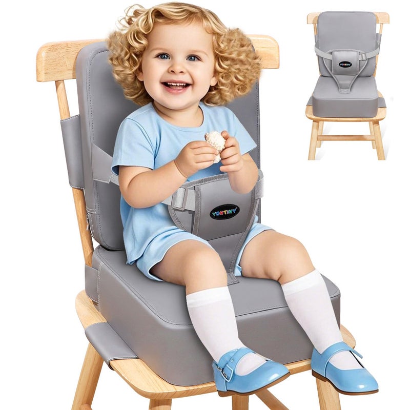 YONTINY Toddler Booster Seat for Kitchen Chair with Removable Backrest Adjustable Straps PU Portable Waterproof NonSlip Booster Seat for Dining Table Travel Child Eating CushionLight Grey - Image 2