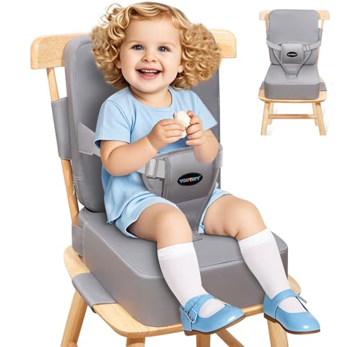 YONTINY Toddler Booster Seat for Kitchen Chair with Removable Backrest Adjustable Straps PU Portable Waterproof NonSlip Booster Seat for Dining Table Travel Child Eating CushionLight Grey - Image 1
