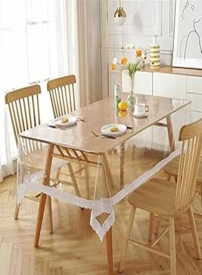 Spaceshoop Kitchen Dining Table Cloth, Heavy Duty PVC Waterproof Oil-Proof Stain Resistant with White Lace Border, Clear Table Cover for Dining Table, Kitchen, Coffee Table, Office (Rectangle, 183 x 137 CM)