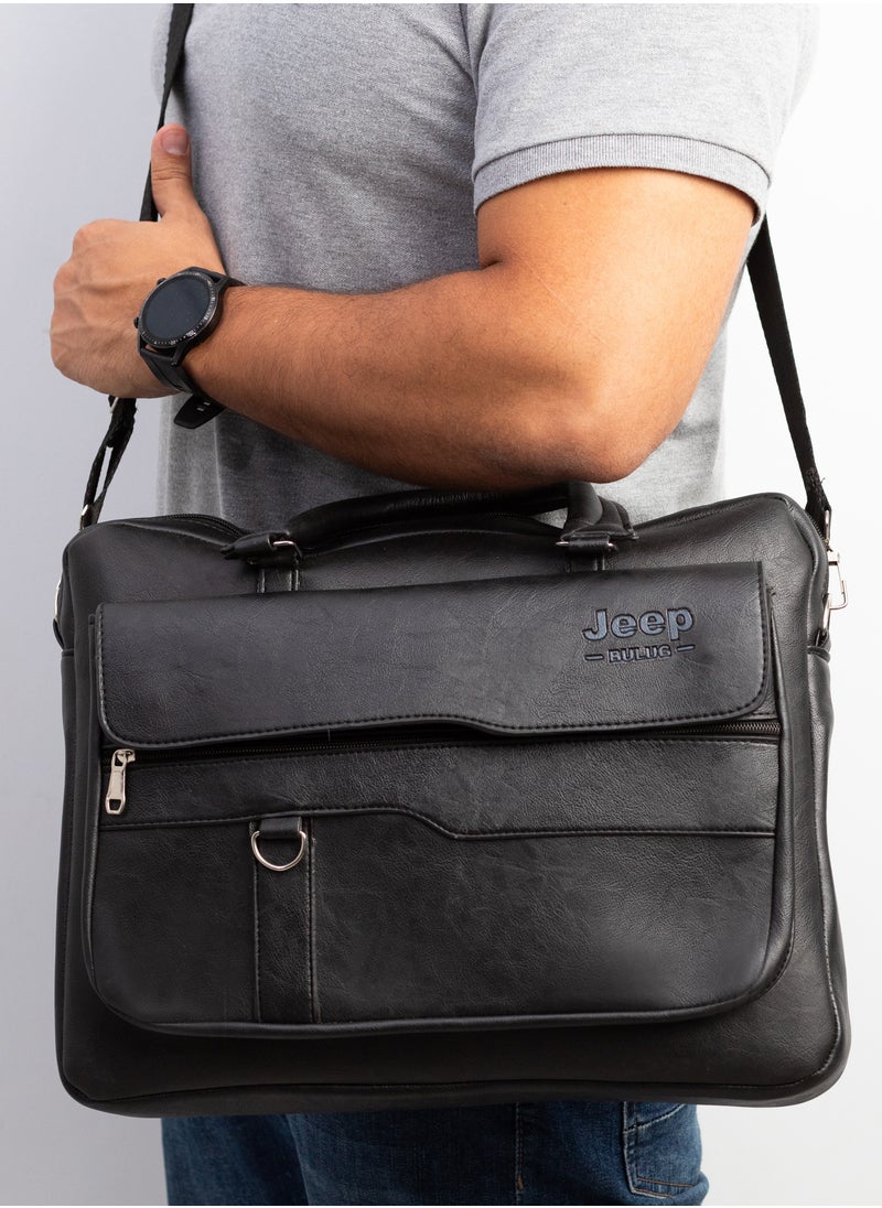 Jeep Buluo - Jeep Leather Laptop Briefcase Messenger Bag for Men- Black - Image 1