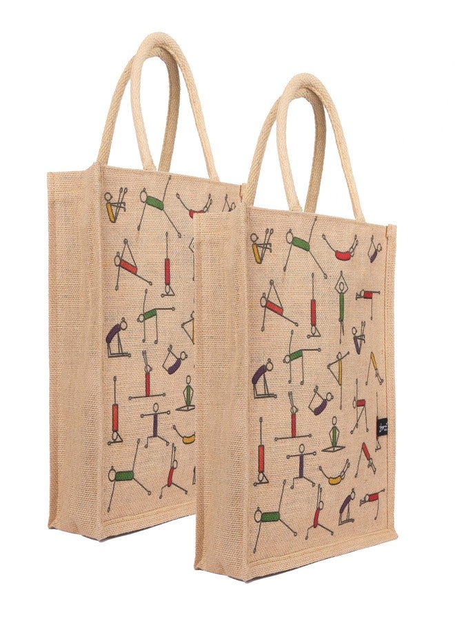 Sangra Yoga Printed Unisex Jute Tote Lunch Bag with Zipper | Multipurpose Pack of 2 | 12x14x5 Inch - Image 1