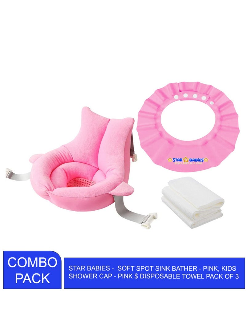 STAR BABiES Combo Pack Pack Kids Shower Cap Disposable Towel 3Pcs Sink Bather Pink - Image 1