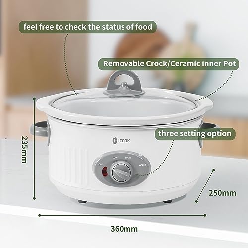 I-Cook طباخ بطيء ICOOK سعة 3.5 لتر USC-351-OG، وعاء خزفي آمن في غسالة الصحون وغطاء زجاجي، طباخ بطيء صغير، شكل بيضاوي، أبيض - Image 5