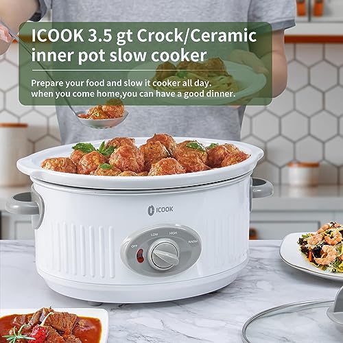I-Cook طباخ بطيء ICOOK سعة 3.5 لتر USC-351-OG، وعاء خزفي آمن في غسالة الصحون وغطاء زجاجي، طباخ بطيء صغير، شكل بيضاوي، أبيض - Image 2