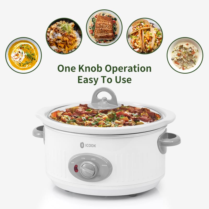 I-Cook طباخ بطيء ICOOK سعة 3.5 لتر USC-351-OG، وعاء خزفي آمن في غسالة الصحون وغطاء زجاجي، طباخ بطيء صغير، شكل بيضاوي، أبيض - Image 3