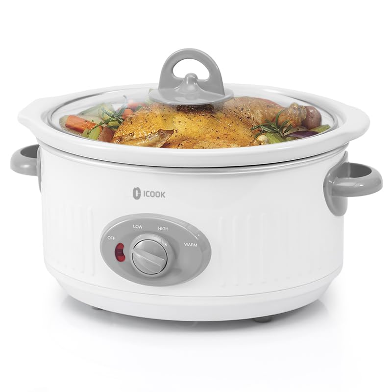 I-Cook طباخ بطيء ICOOK سعة 3.5 لتر USC-351-OG، وعاء خزفي آمن في غسالة الصحون وغطاء زجاجي، طباخ بطيء صغير، شكل بيضاوي، أبيض - Image 1