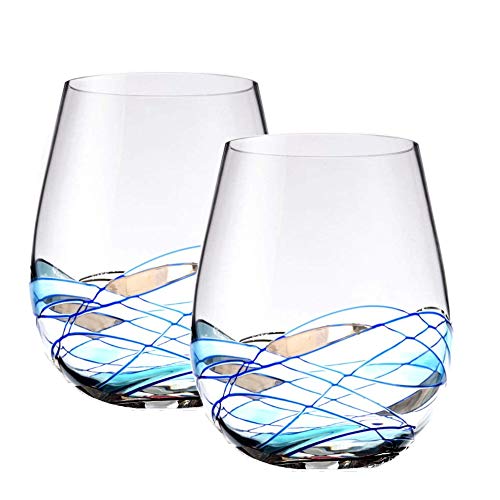 Bezrat Stemless Wine Glasses Set of Two | Hand Painted Large Premium Red and White Wine glasses | Lead-Free Crystal | Essential Wine Gift | 18 Ounces (Blue) - Image 1