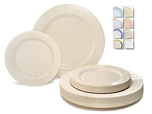 OCCASIONS FINEST PLASTIC TABLEWARE OCCASIONS 50Piece Heavy Duty Ivory Disposable Plates for 25 Guests Wedding Party Plastic Dinner Dessert Set 25x105 25x75 Plain Ivory - Image 2