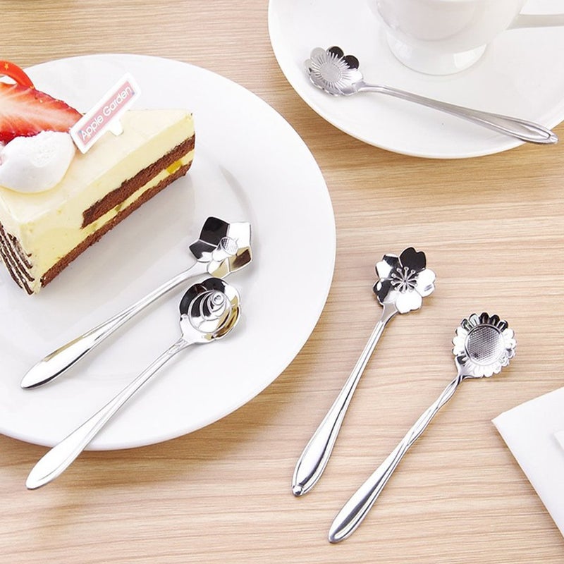 ERCRYSTO Stainless Steel Tableware - Creative Flower Coffee and Tea Spoons, Stirring and Mixing Set of 8 Different Patterns - Image 5