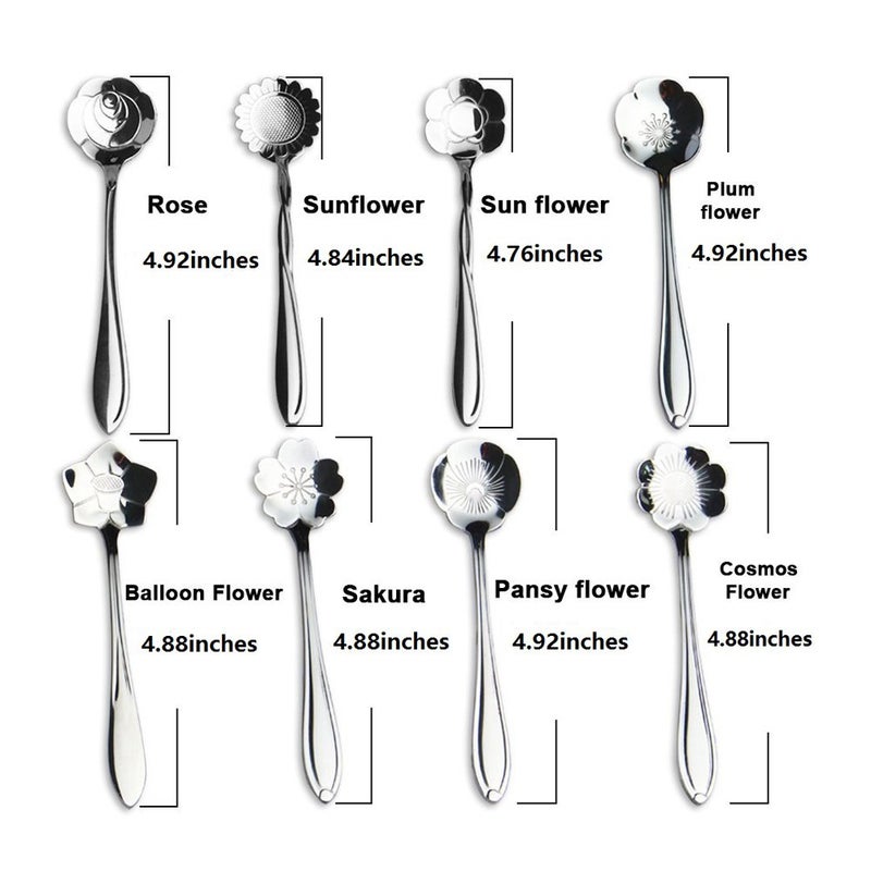 ERCRYSTO Stainless Steel Tableware - Creative Flower Coffee and Tea Spoons, Stirring and Mixing Set of 8 Different Patterns - Image 2
