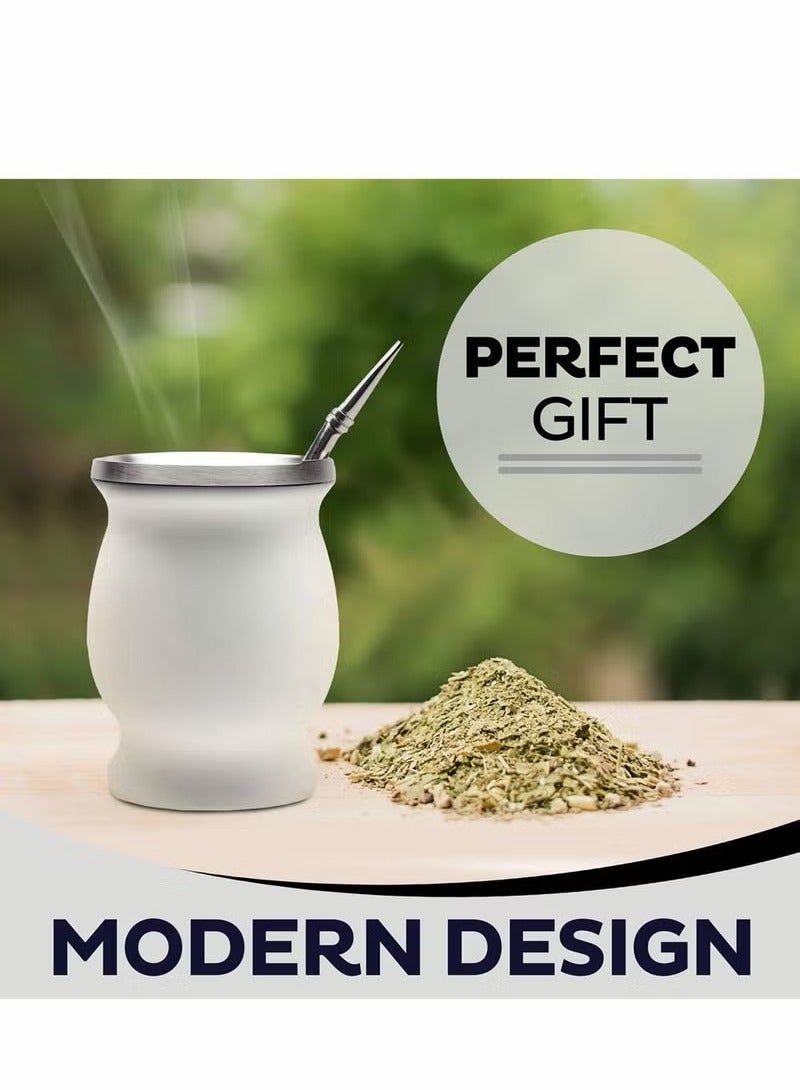 جين لى تشيانغ كوب شاي يربا ماتي، ترمس منزلي سهل الغسل بطبقتين من الفولاذ المقاوم للصدأ، على شكل قرع يربا ماتي، لشرب أوراق يربا ماتي السائبة، مع قشة بومبيلا، أبيض، 230 مل - Image 2