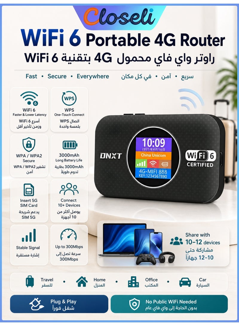 Closeli Mobile 4G WiFi Router, Portable Router, Pocket WiFi, Support 5G SIM Router,DNXT WiFi 6 Router, Plug & Play, 3000mAh Battery, Battery & Time Display, WPA/WPA2 Security, One-Touch WPS Connection,Strong Signal, Up to 12 Devices, for Travel & Home Use(Black) - Image 1