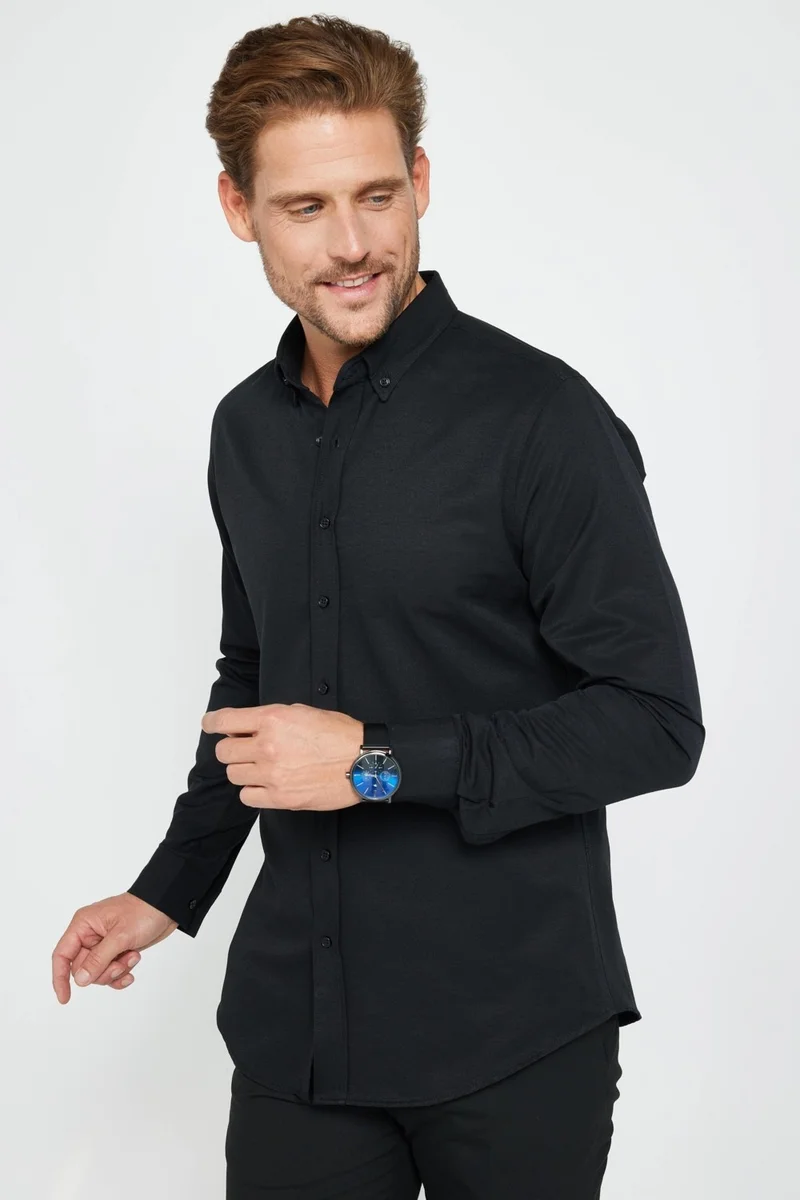 تودورس Slim Fit Long Sleeve Slim Fit Button Collar Cotton Plain Oxford Black Men's Shirt