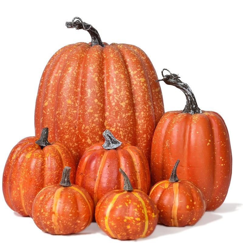 Lvydec Artificial Pumpkins Set Harvest Decoration 7pcs Assorted Size Orange Pumpkins Realistic Large Pumpkins for Halloween Thanksgiving Autumn Festive Party Supplies Orange