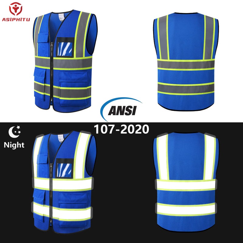 ASIPHITU Reflective High Visibility Safety Vest for Men Women Security with Pockets Zipper Front for Work Vest with Reflective Strips Meets ANSI/ISEA Standards(H-Blue-L) - Image 4