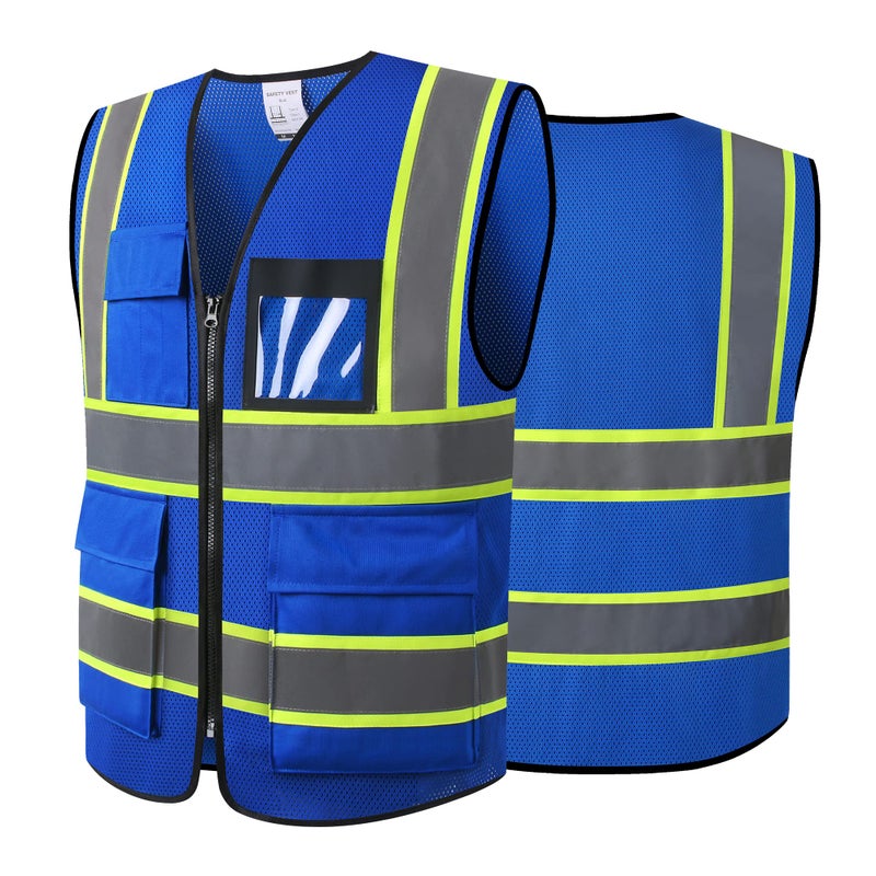 ASIPHITU Reflective High Visibility Safety Vest for Men Women Security with Pockets Zipper Front for Work Vest with Reflective Strips Meets ANSI/ISEA Standards(H-Blue-L) - Image 1