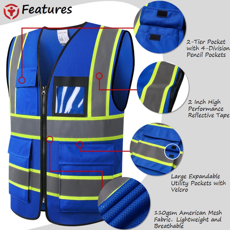 ASIPHITU Reflective High Visibility Safety Vest for Men Women Security with Pockets Zipper Front for Work Vest with Reflective Strips Meets ANSI/ISEA Standards(H-Blue-L) - Image 3