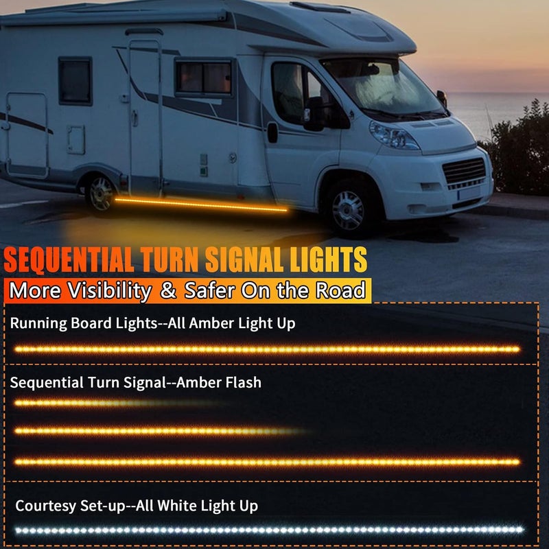 OPL5 2Pcs LED Running Board Lights - 10 Feet LED Side Marker Light with Sequential Amber Turn Signal & White Courtesy Light - Image 3