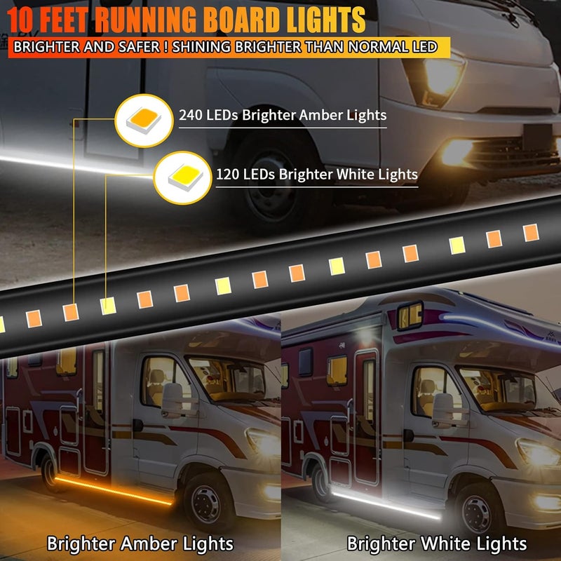 OPL5 2Pcs LED Running Board Lights - 10 Feet LED Side Marker Light with Sequential Amber Turn Signal & White Courtesy Light - Image 2