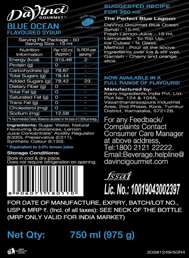 Pocket Kitchen DaVinci Gourmet Blue Ocean Flavoured Syrup 750ml (Pack of 2) | Vibrant Blue Drink Syrup for Mocktails, Slushies, Coolers, Cocktails & Creative Summer Beverages - Image 4
